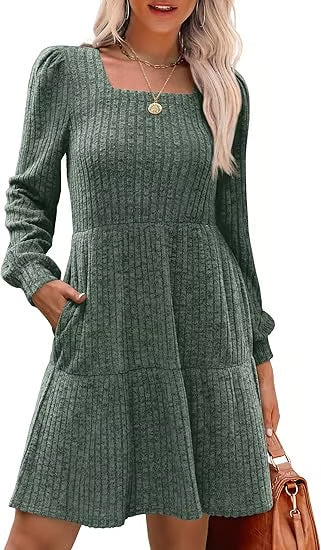 🔥2025 New Arrival🔥Women’s Square Neck Babydoll Sweater Dress