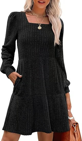 🔥2025 New Arrival🔥Women’s Square Neck Babydoll Sweater Dress