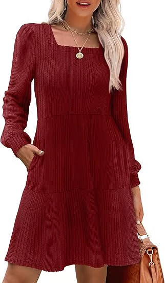 🔥2025 New Arrival🔥Women’s Square Neck Babydoll Sweater Dress